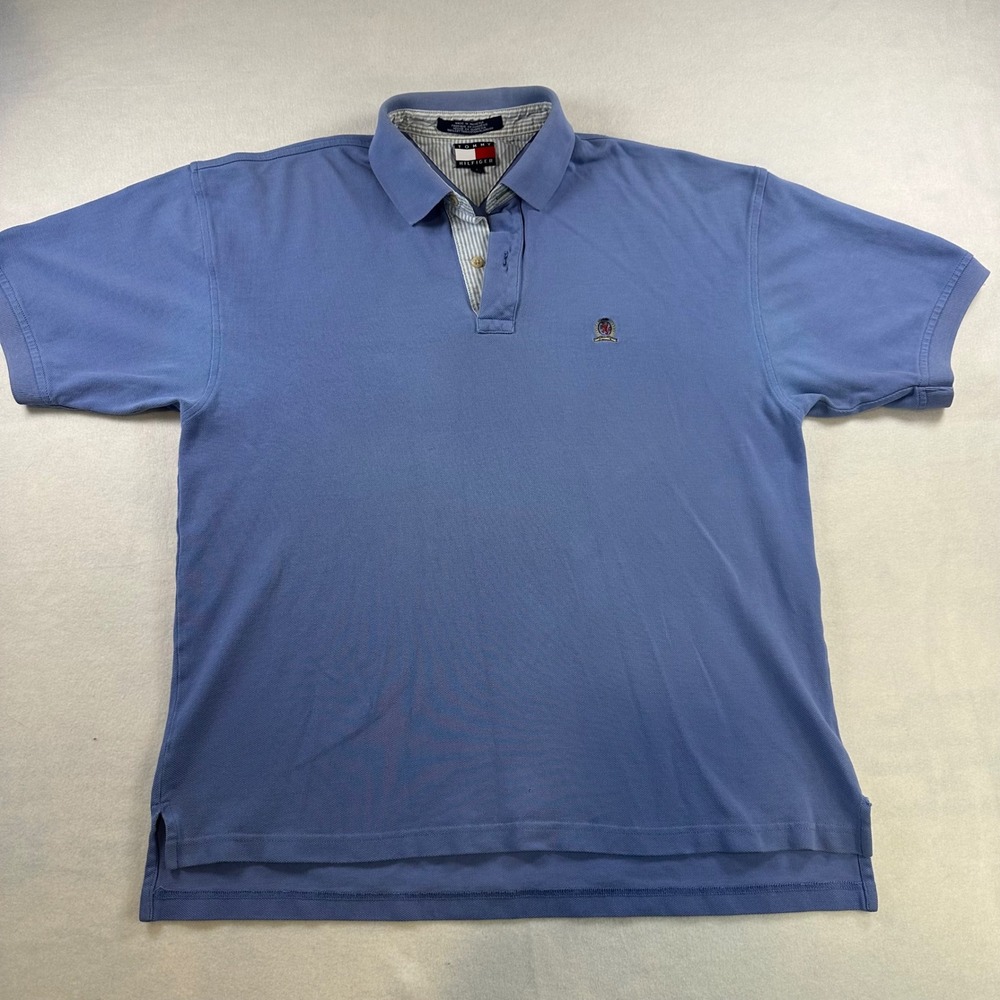 Tommy Hilfiger Mens Blue Short Sleeve Pique Polo Shirt Crest Logo Size Large